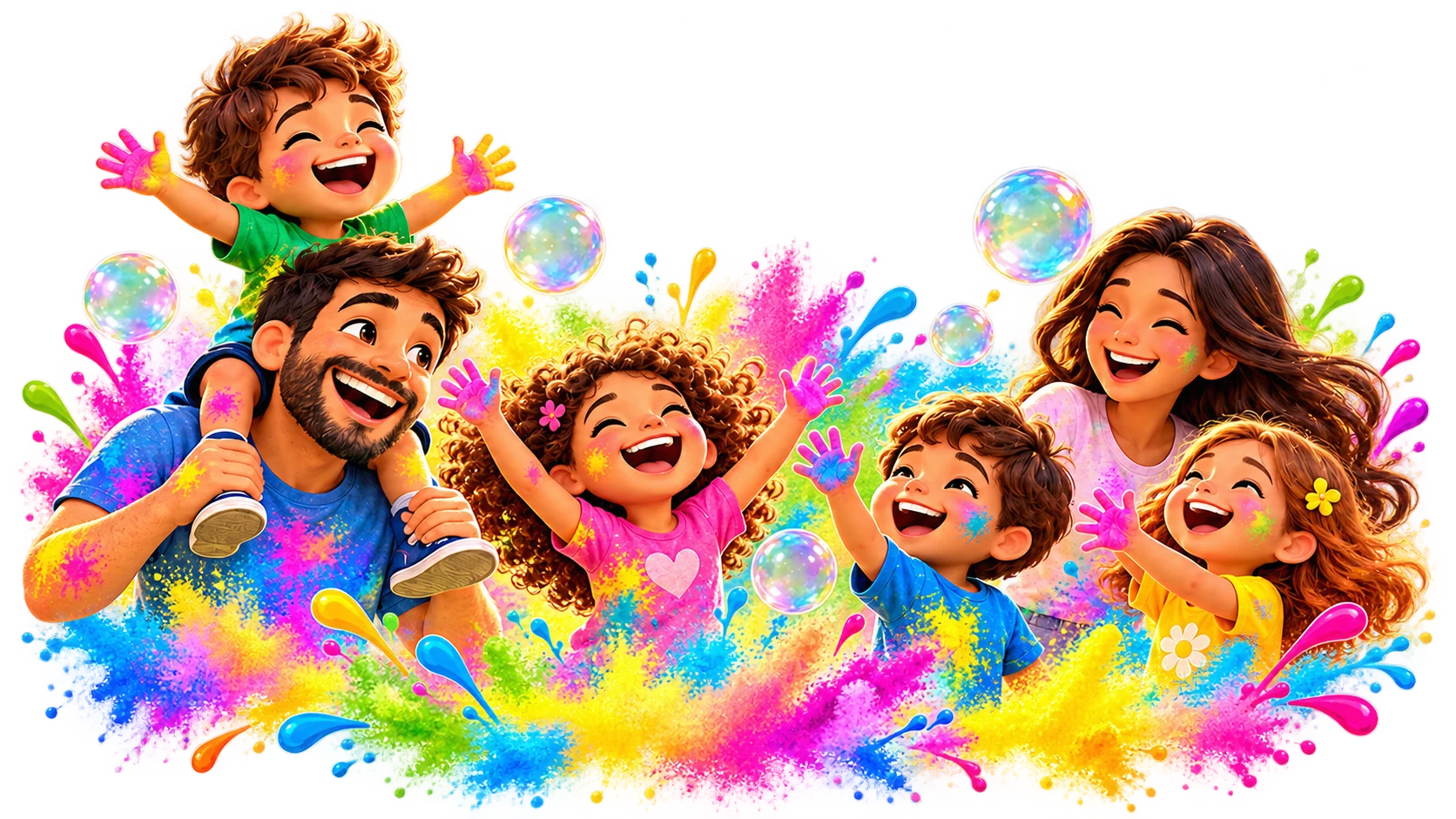 Ilustração de uma família se divertindo com cores e brincadeiras